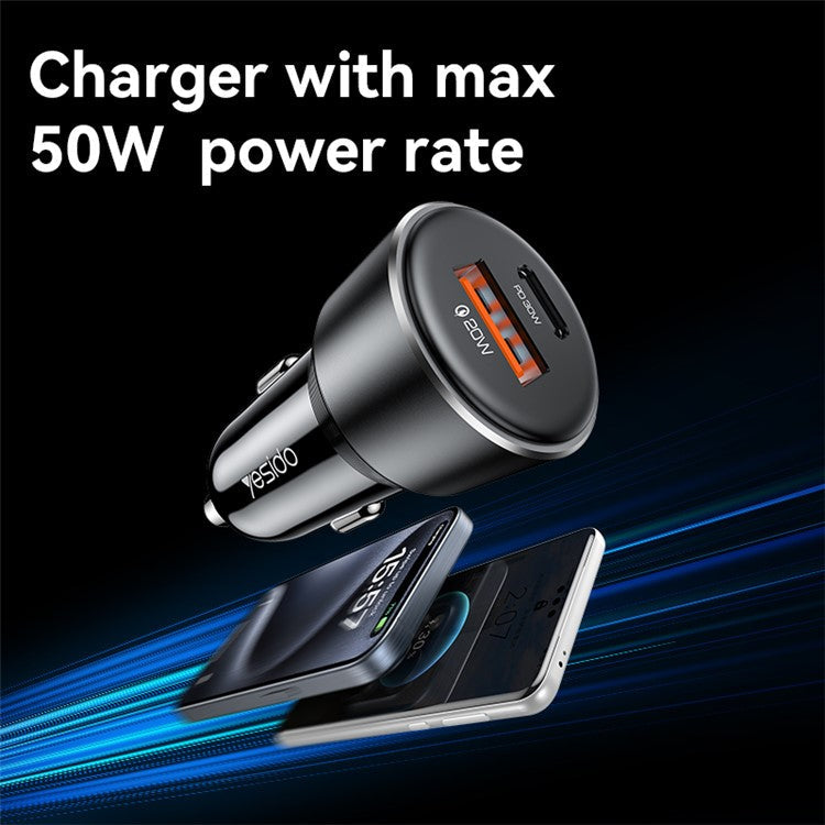YESIDO Y64 50W USB+Type-C Dual Port Car Charger Fast Charging Cigarette Lighter Adapter