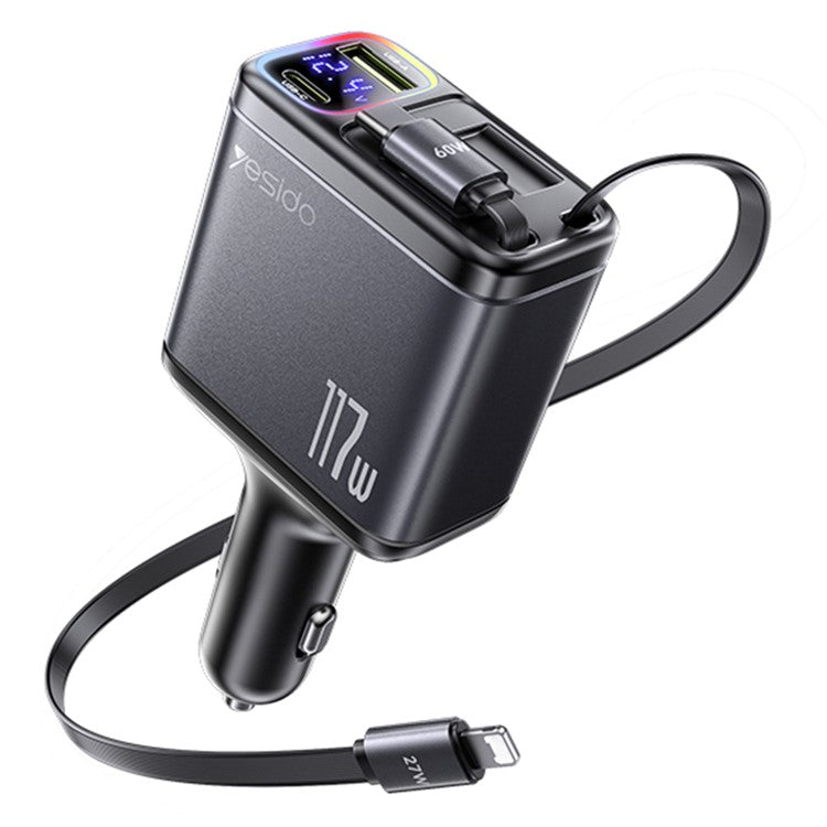 YESIDO Y63 117W Fast Charging USB-A + Type-C Dual Port Car Charger with Retractable Cables