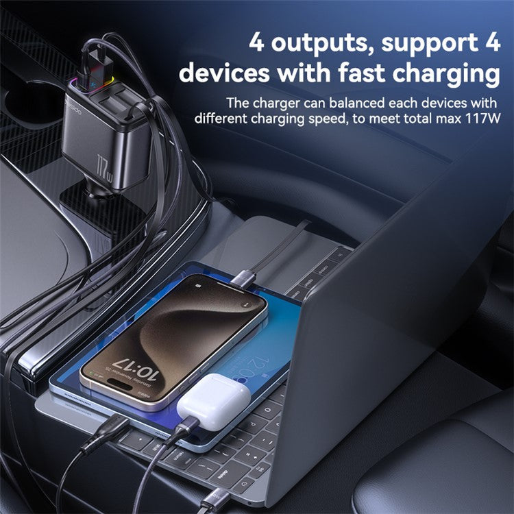 YESIDO Y63 117W Fast Charging USB-A + Type-C Dual Port Car Charger with Retractable Cables