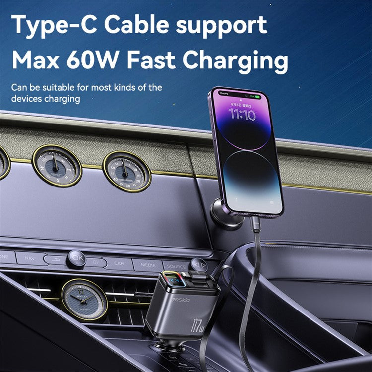 YESIDO Y63 117W Fast Charging USB-A + Type-C Dual Port Car Charger with Retractable Cables