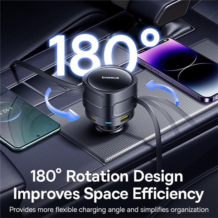 BASEUS Enjoyment Max Car Charger Dual Retractable Cable USB + Type-C Fast Charging Adapter - Black