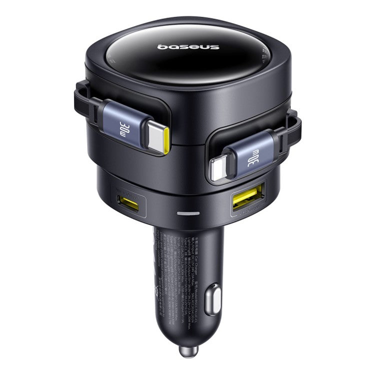 BASEUS Enjoyment Max 90W Car Charger Type-C 8Pin Retractable Cable USB + Type-C Fast Charging Adapter - Black