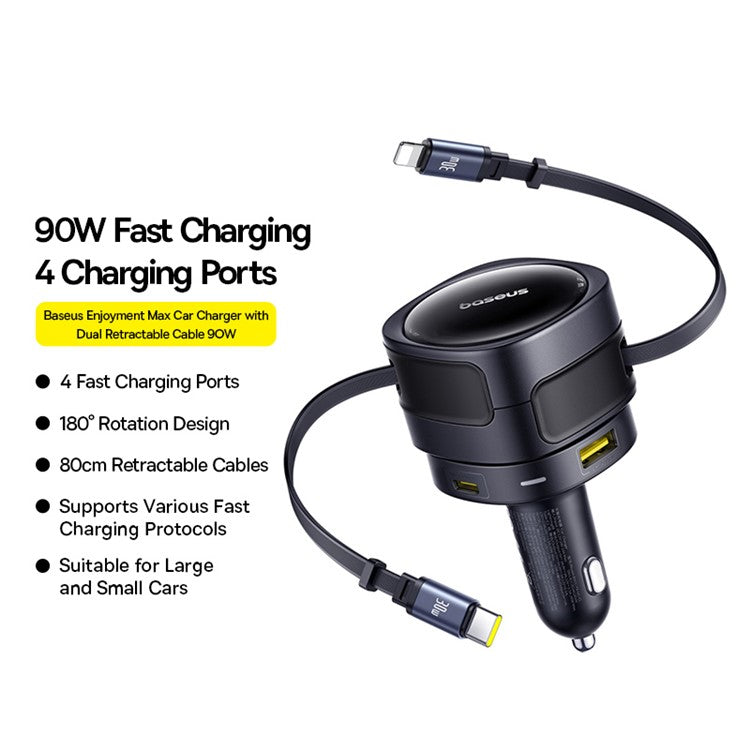 BASEUS Enjoyment Max 90W Car Charger Type-C 8Pin Retractable Cable USB + Type-C Fast Charging Adapter - Black