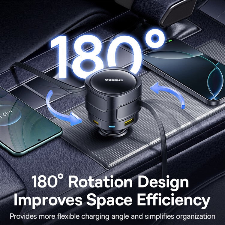 BASEUS Enjoyment Max 90W Car Charger Type-C 8Pin Retractable Cable USB + Type-C Fast Charging Adapter - Black