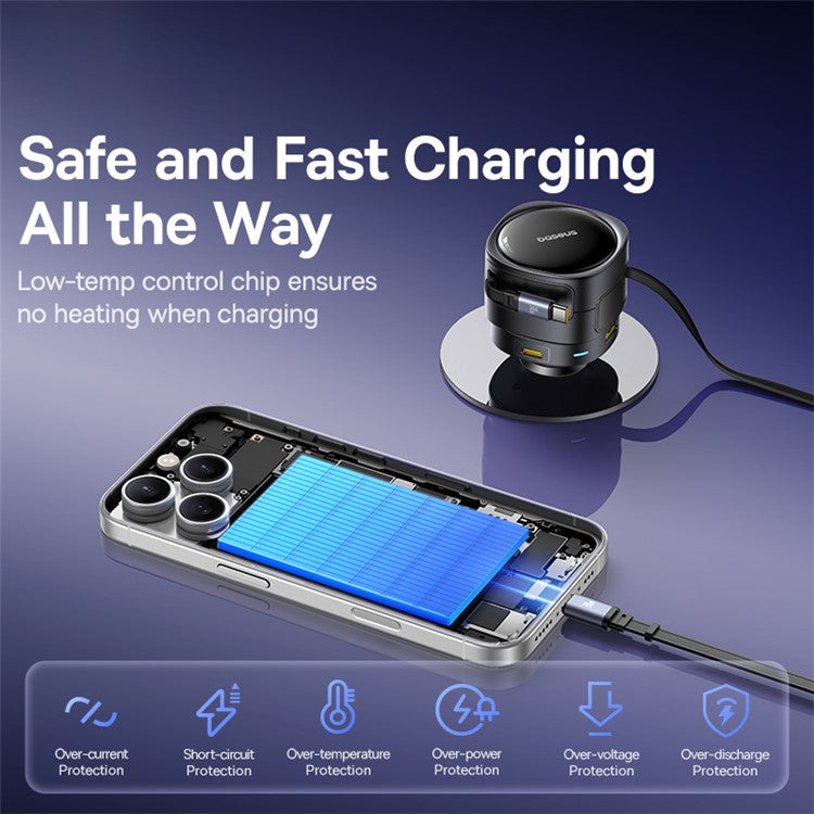 BASEUS Enjoyment Max 90W Car Charger Type-C 8Pin Retractable Cable USB + Type-C Fast Charging Adapter - Black