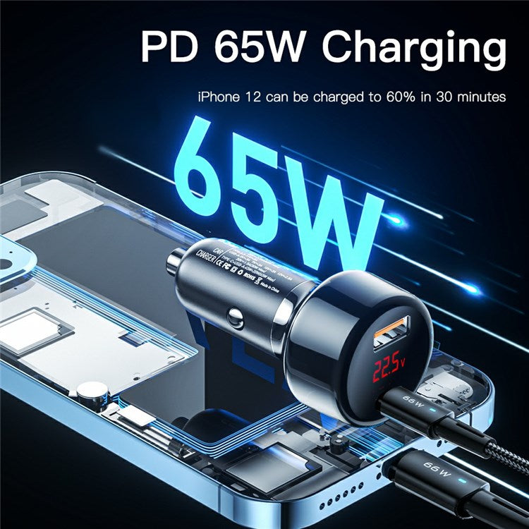 ESSAGER 65W Car Charger USB-A + Type-C Dual Port Car Charger Adapter with Digital Display Compatible with Huawei, Samsung, Xiaomi - Black