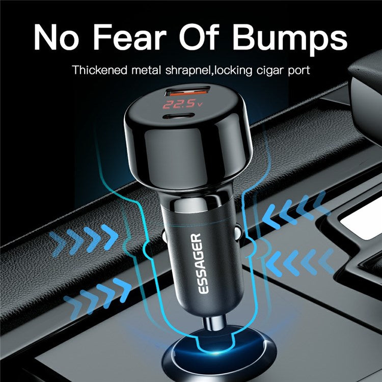 ESSAGER 65W Car Charger USB-A + Type-C Dual Port Car Charger Adapter with Digital Display Compatible with Huawei, Samsung, Xiaomi - Black
