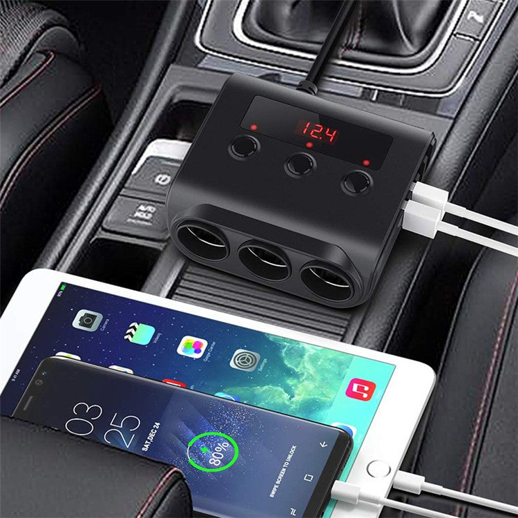 TR12 100W 4 USB Ports Car Charger LED Display Voltage Detection 3 Cigarette Lighter Sockets Charging Adapter