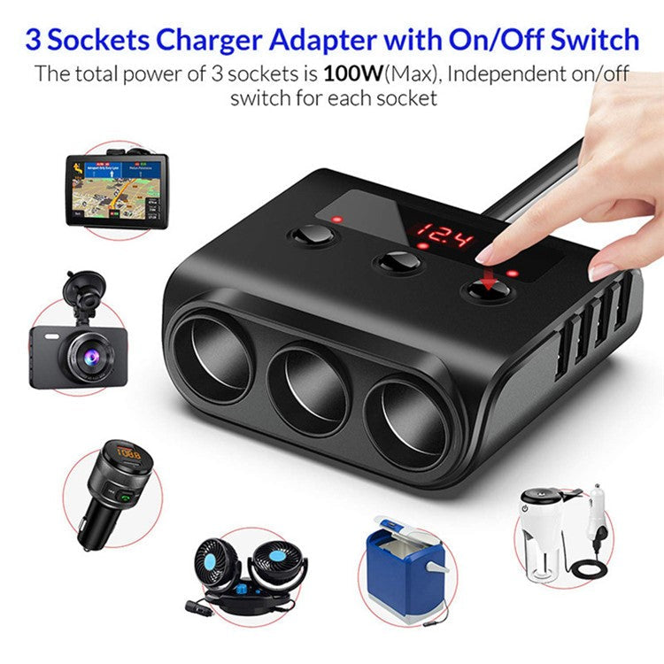 TR12 100W 4 USB Ports Car Charger LED Display Voltage Detection 3 Cigarette Lighter Sockets Charging Adapter