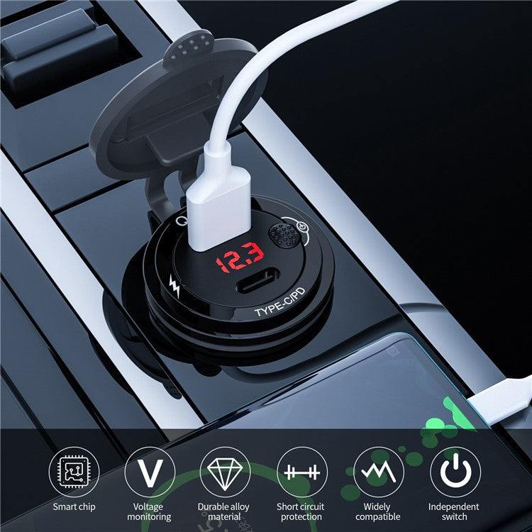ZH-1427B1 QC3.0 USB+Type C PD 20W Car Charger Fast Charging Plug Adapter with Digital Display Screen