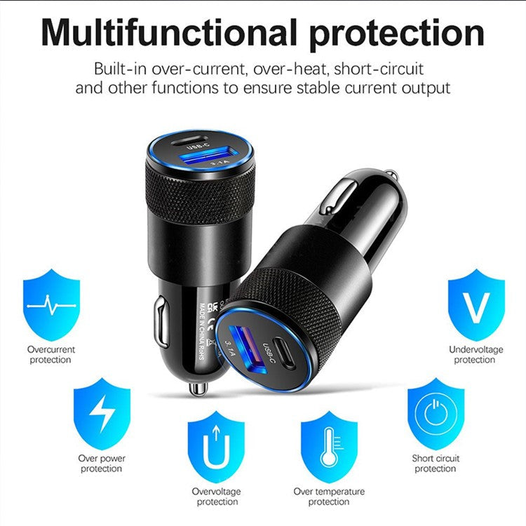15W 3.1A USB+PD Type-C Port Mini Car Charger Aluminum Alloy Phone Fast Charging Adapter - Black