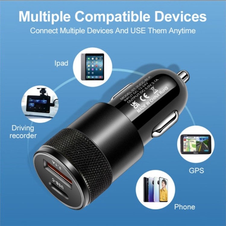 15W 3.1A USB+PD Type-C Port Mini Car Charger Aluminum Alloy Phone Fast Charging Adapter - Black