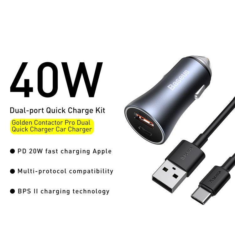 BASEUS Golden Contactor Pro Dual-Port Quick Charger Car Charger USB + Type-C 40W Charging Cable Kit - Dark Grey