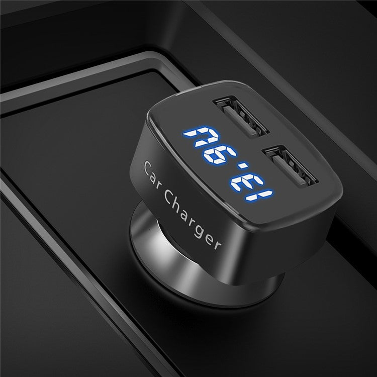 4 in 1 Car Charger Dual USB Port with Digital Display Voltage / Temperature / Current Meter Tester Adapter - White / Blue LED