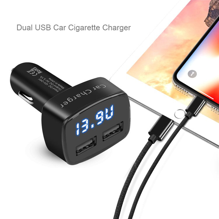 4 in 1 Car Charger Dual USB Port with Digital Display Voltage / Temperature / Current Meter Tester Adapter - White / Blue LED
