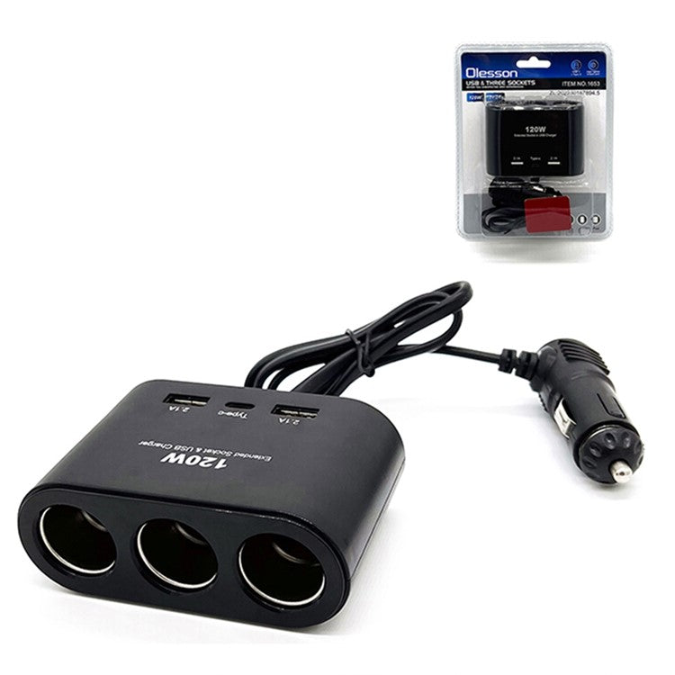 1653 120W Dual USB + 1 Type-C Port Car Charger 3 Cigarette Lighter Sockets Charging Adapter