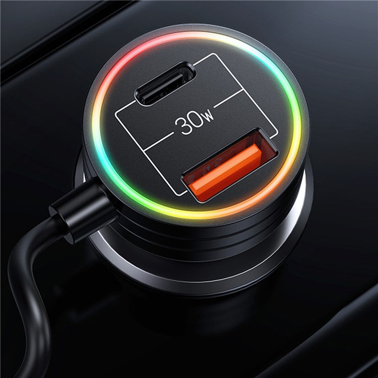 USAMS US-CC167 C33 60W USB+Type-C Dual Ports Car Charger with Spring Cable and Ambient Light