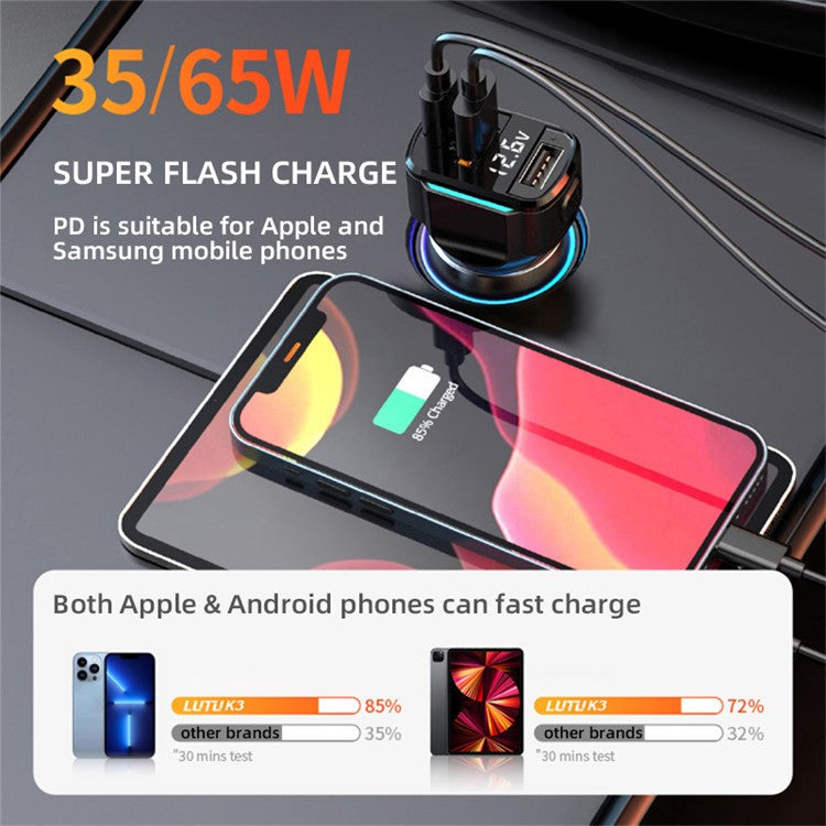 K3 PD 36 / 65W Fast Charging Type-C + USB Dual Port Car Charger Intelligent Digital Display Charging Adapter