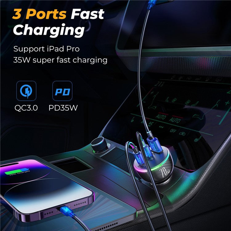 JOYROOM JR-CL26 3 Ports (2PD+1USB) Car Charger QC3.0+PD3.0 70W Fast Charging Phone Charger Adapter with Colorful LED Light