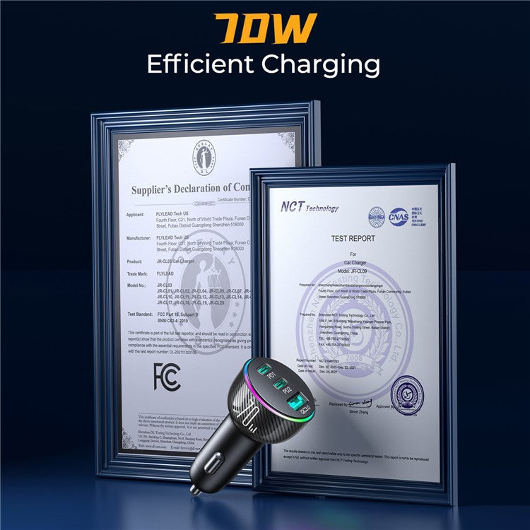 JOYROOM JR-CL26 3 Ports (2PD+1USB) Car Charger QC3.0+PD3.0 70W Fast Charging Phone Charger Adapter with Colorful LED Light