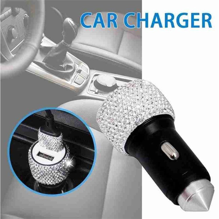 Rhinestone Decor Dual USB Car Charger Phone Fast Charging Power Adapter with Safety Hammer Function - Colorful