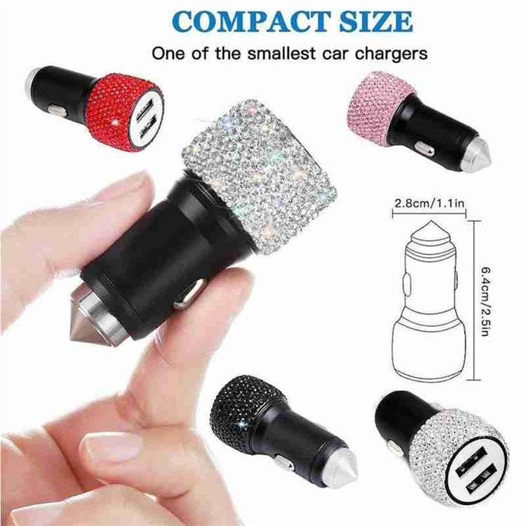 Rhinestone Decor Dual USB Car Charger Phone Fast Charging Power Adapter with Safety Hammer Function - Colorful