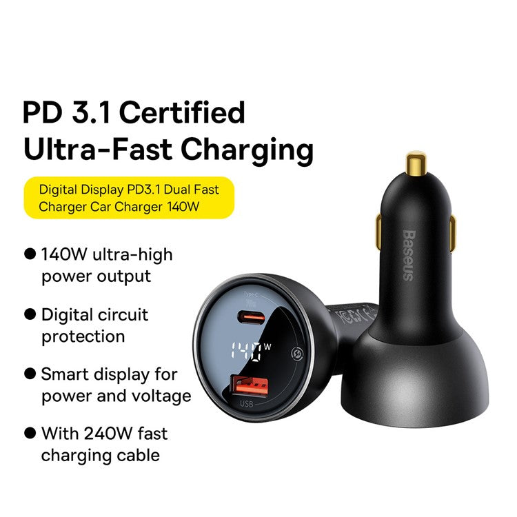 BASEUS Digital Display PD3.1 Fast Charging Car Charger USB+Type-C 140W Power Adapter with Type-C Cable - Black
