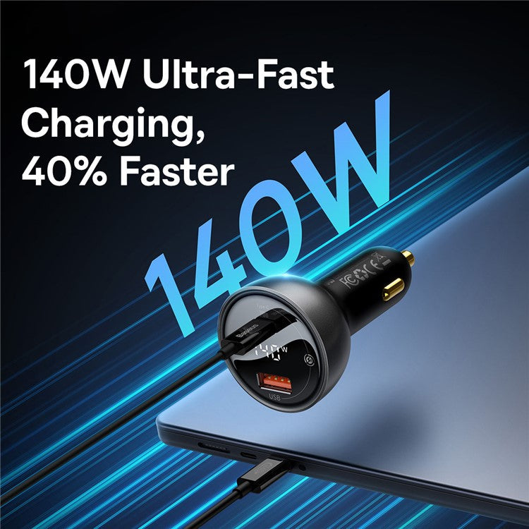BASEUS Digital Display PD3.1 Fast Charging Car Charger USB+Type-C 140W Power Adapter with Type-C Cable - Black