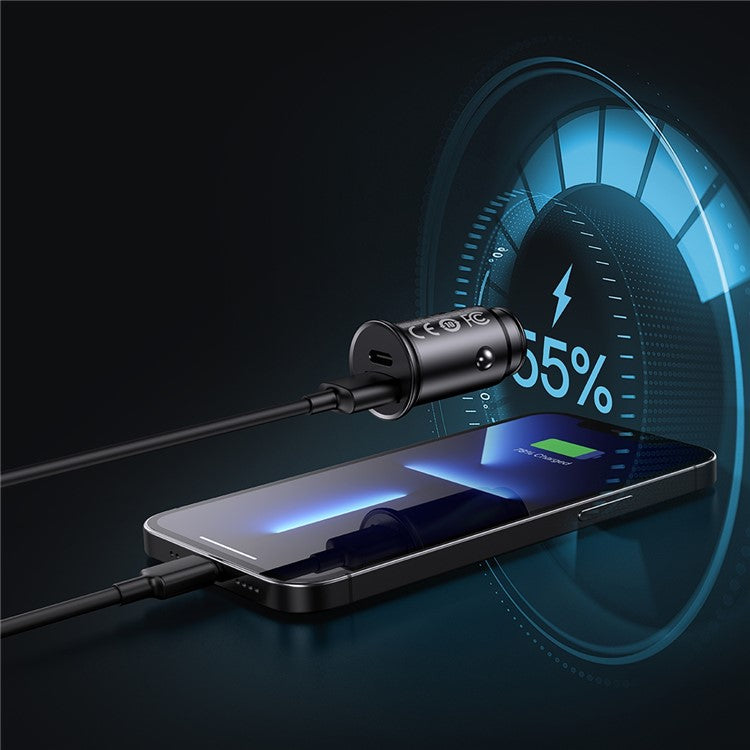 BASEUS Aluminum Alloy USB-A + Type-C 30W PPS Fast Charging Adapter Car Charger - Black
