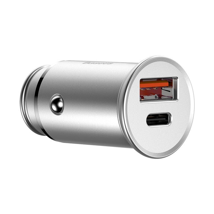 BASEUS Aluminum Alloy USB-A + Type-C 30W PPS Fast Charging Adapter Car Charger - Silver