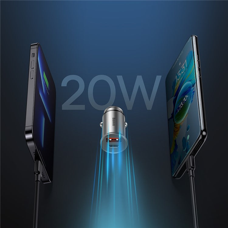 BASEUS Aluminum Alloy USB-A + Type-C 30W PPS Fast Charging Adapter Car Charger - Silver