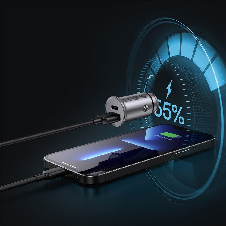 BASEUS Aluminum Alloy USB-A + Type-C 30W PPS Fast Charging Adapter Car Charger - Silver