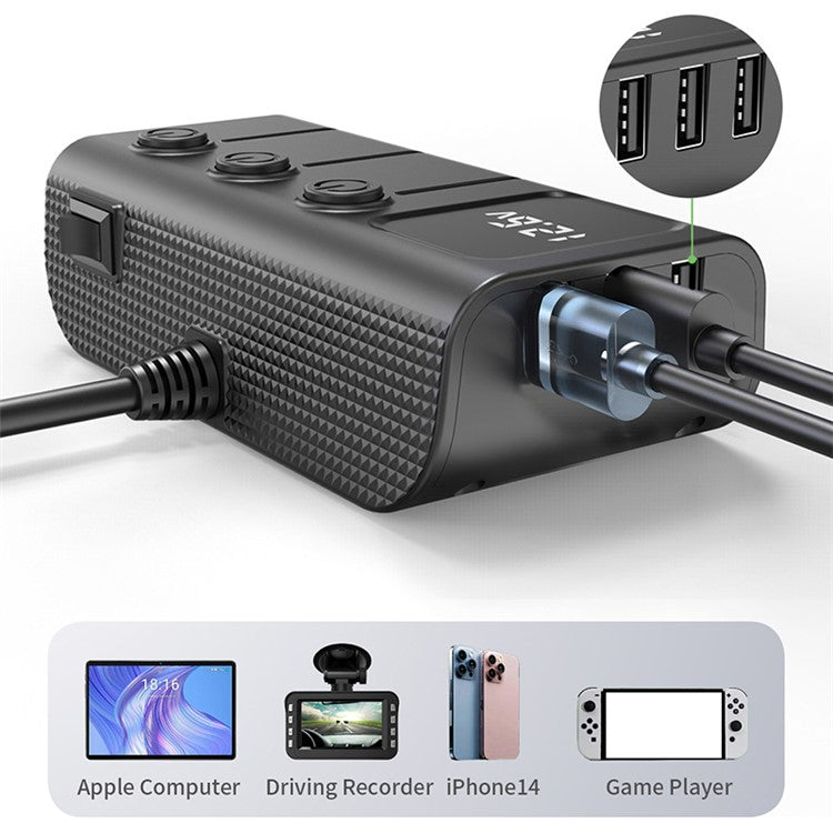 GC01 3 USB + 1 Type-C + 1 PD Port Car Charger 3 Cigarette Lighter Sockets Digital Display Charging Adapter