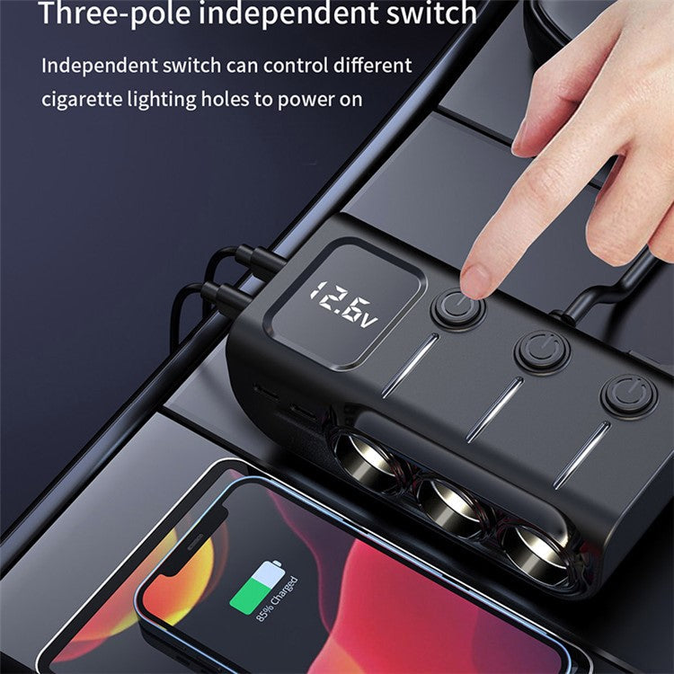 GC01 3 USB + 1 Type-C + 1 PD Port Car Charger 3 Cigarette Lighter Sockets Digital Display Charging Adapter