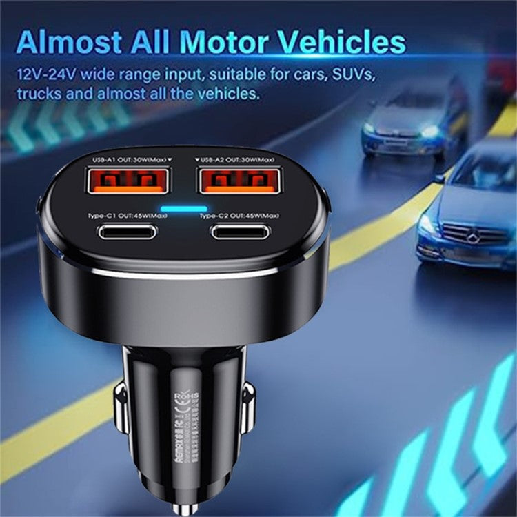 REMAX RCC329 DUKE Series 75W Phone Fast Charging Car Charger 2 USB + 2 Type-C Power Adapter with Indicator Light
