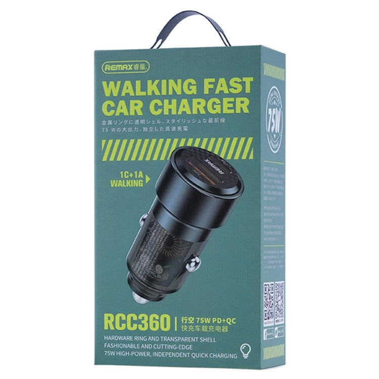 REMAX RCC360 Walking Series 75W PD+QC USB-A + Type-C Dual Port Transparent Car Charger