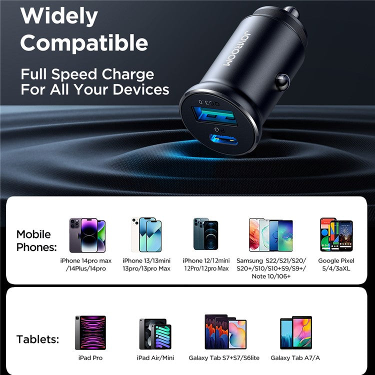 JOYROOM CCN05 Mini 30W USB + Type-C Phone Fast Charging Adapter Aluminum Alloy Car Charger