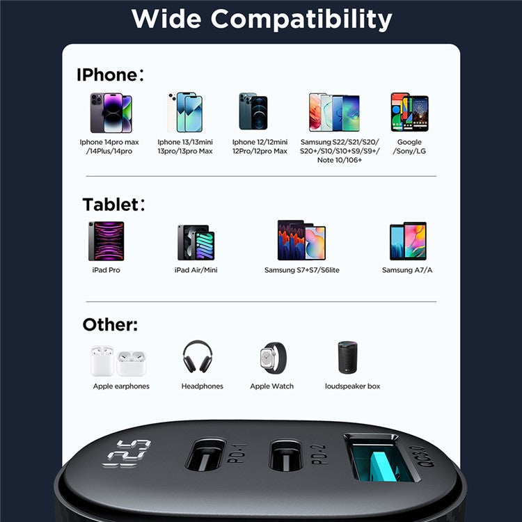 JOYROOM CCD04 30W 1 USB + 2 Type-C PC+ABS Digital Display Car Charger Phone Fast Charging Adapter
