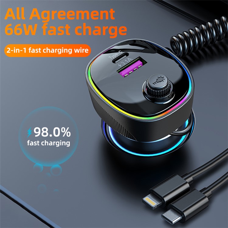 K11 USB + Type-C PD Car Charger Phone Tablet Fast Charging Adapter with Type-C / 8-Pin Charging Cable