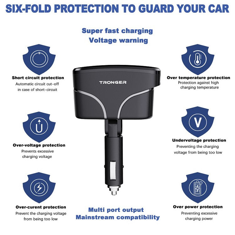TR-35 PD Fast Charging Car Charger Type-C + Dual USB QC 3.0 Charger with Dual Cigarette Lighter Sockets