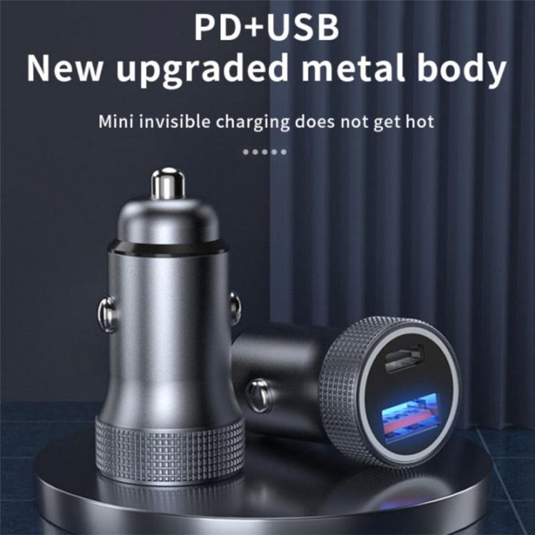 Aluminum Alloy Fast Charging Adapter USB 18W + Type-C PD 20W Mini Car Charger with Digital Display