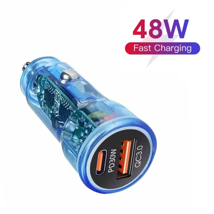 P35 Clear Design 48W Car Charger for Cell Phone, Tablet, Camera, Type-C PD 30W + USB QC 3.0 18W Fast Charging Charger Station - Blue