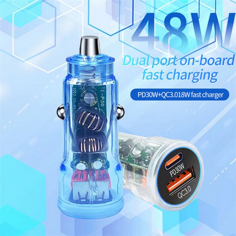 P35 Clear Design 48W Car Charger for Cell Phone, Tablet, Camera, Type-C PD 30W + USB QC 3.0 18W Fast Charging Charger Station - Blue