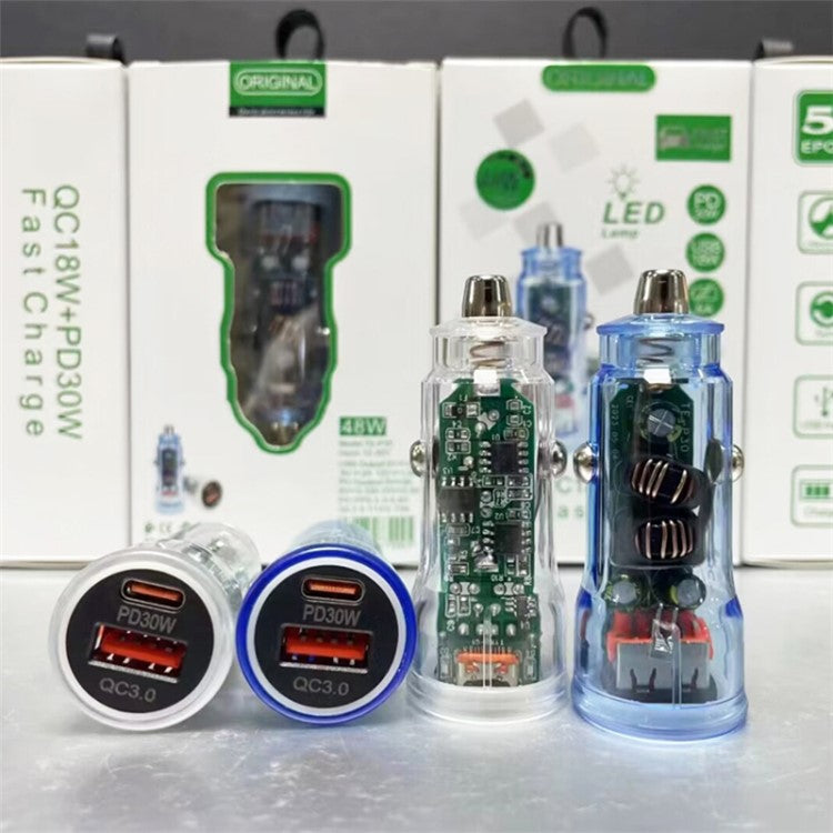 P35 Clear Design 48W Car Charger for Cell Phone, Tablet, Camera, Type-C PD 30W + USB QC 3.0 18W Fast Charging Charger Station - White