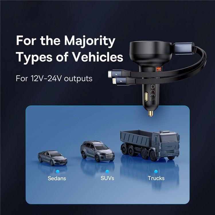 BASEUS Enjoyment Pro 60W Car Charger USB Port Adapter with Type-C + iP Retractable Cable - Black