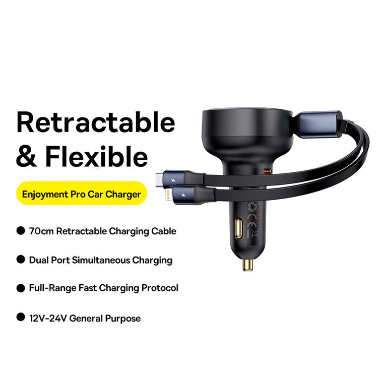 BASEUS Enjoyment Pro Car Charger Type-C Port Power Adapter with Type-C + iP Retractable Cable - Black