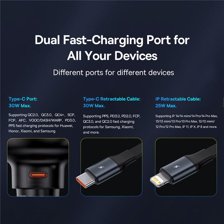 BASEUS Enjoyment Pro 60W Car Charger Type-C Port Power Adapter with Retractable Type-C Cable - Black