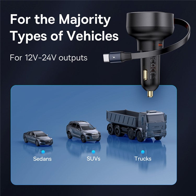 BASEUS Enjoyment Pro 60W Car Charger Type-C Port Power Adapter with Retractable Type-C Cable - Black