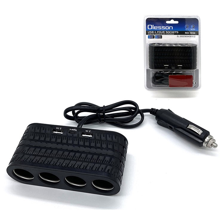 OLESSON 1654 Car Charger 4 Cigarette Lighter Sockets 2 USB + 1 Type-C Charging Adapter