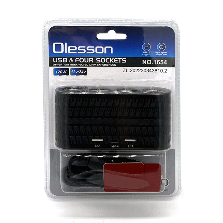 OLESSON 1654 Car Charger 4 Cigarette Lighter Sockets 2 USB + 1 Type-C Charging Adapter